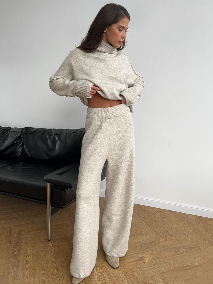 Womens Oversized Knit Sweater with Turtleneck Wide-Leg Trousers Set