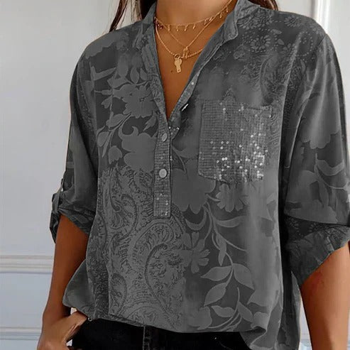 Womens Long-Sleeve Blouse Floral Pattern Lightweight Fit