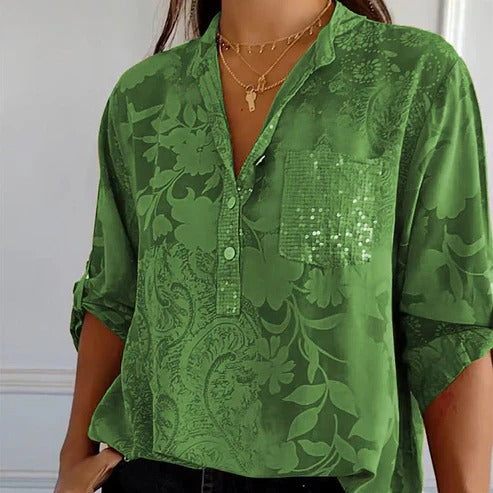 Womens Long-Sleeve Blouse Floral Pattern Lightweight Fit