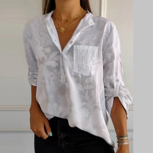 Womens Long-Sleeve Blouse Floral Pattern Lightweight Fit