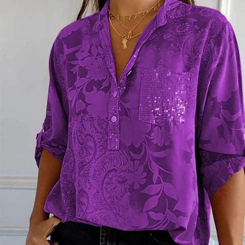 Womens Long-Sleeve Blouse Floral Pattern Lightweight Fit