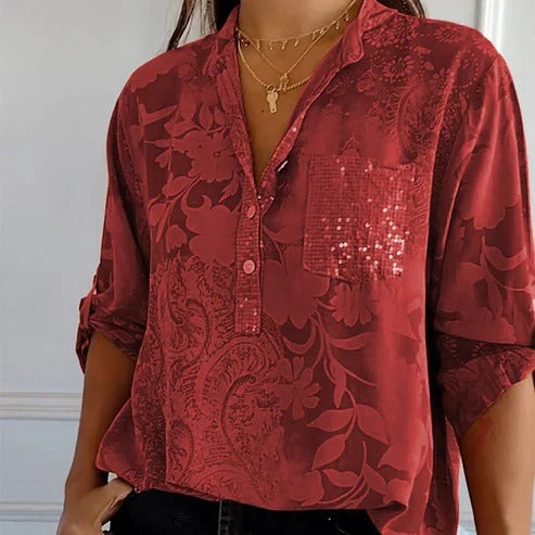 Womens Long-Sleeve Blouse Floral Pattern Lightweight Fit - BritishMode