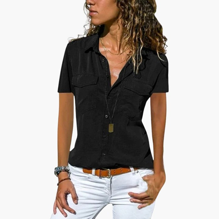Mens Fitted Shirt with Point Collar Dual Chest Pockets Short Sleeve - BritishMode