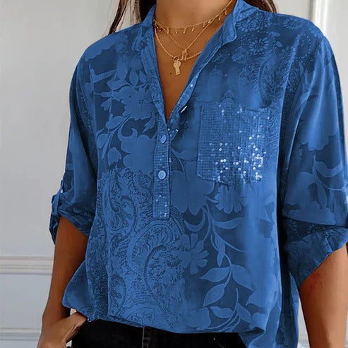 Womens Long-Sleeve Blouse Floral Pattern Lightweight Fit