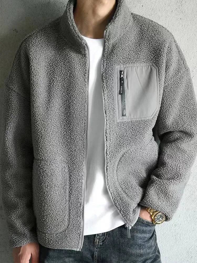 Mens Zip-Up Jacket with High Neck and Multiple Pockets
