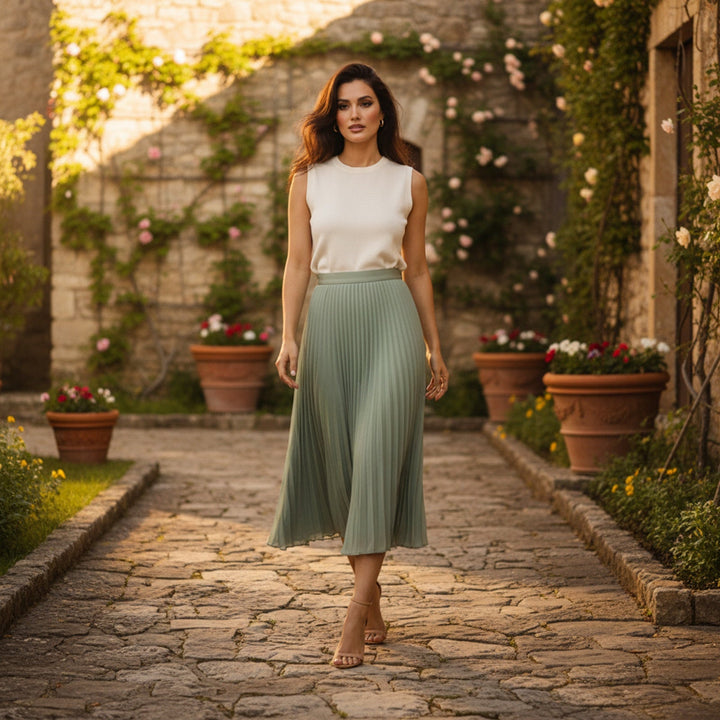 Womens Midi Skirt Chiffon Pleated Flowing Fit