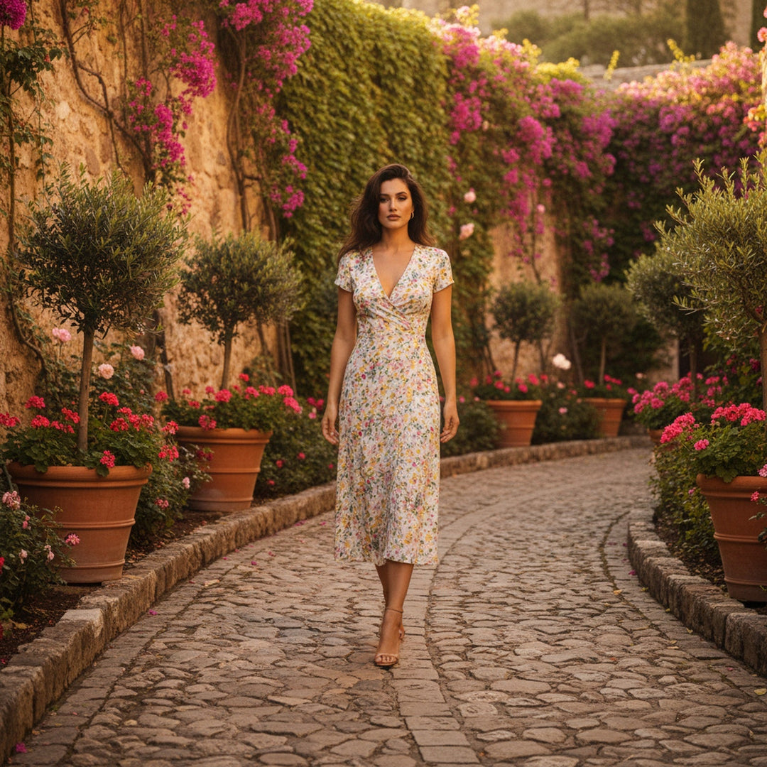 Womens Midi Dress with Floral Print and Lightweight Fabric