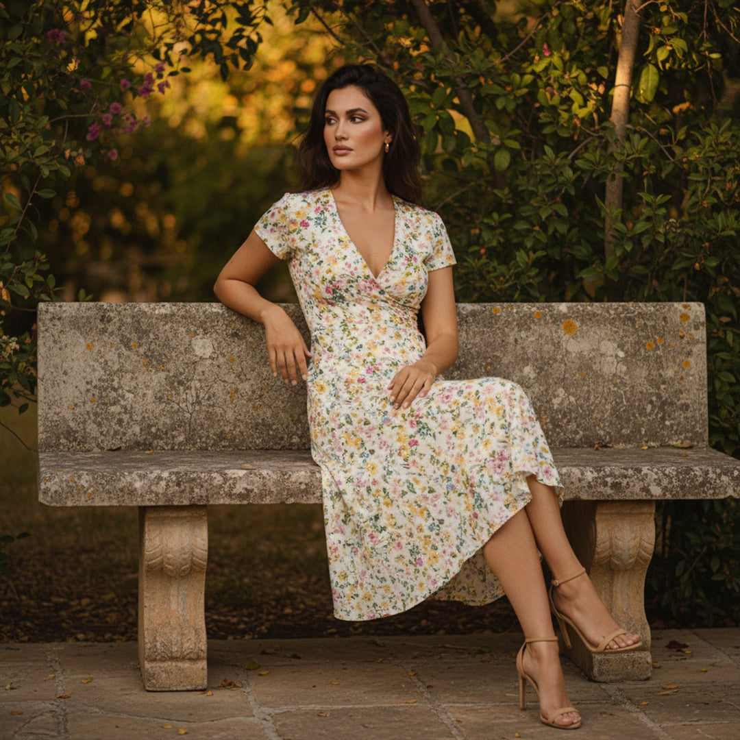 Womens Midi Dress with Floral Print and Lightweight Fabric