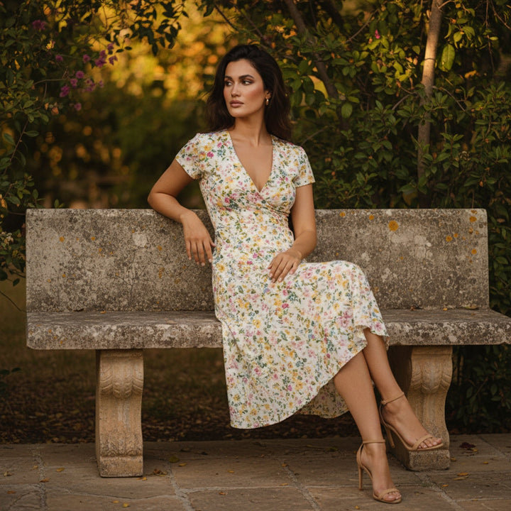 Womens Midi Dress with Floral Print and Lightweight Fabric