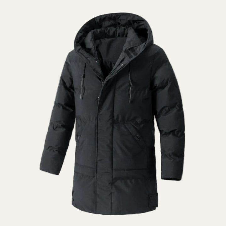 Mens Long Hooded Puffer Parka Zip and Button Closure