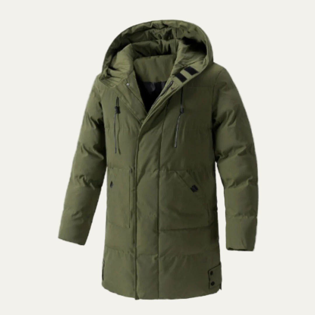 Mens Long Hooded Puffer Parka Zip and Button Closure