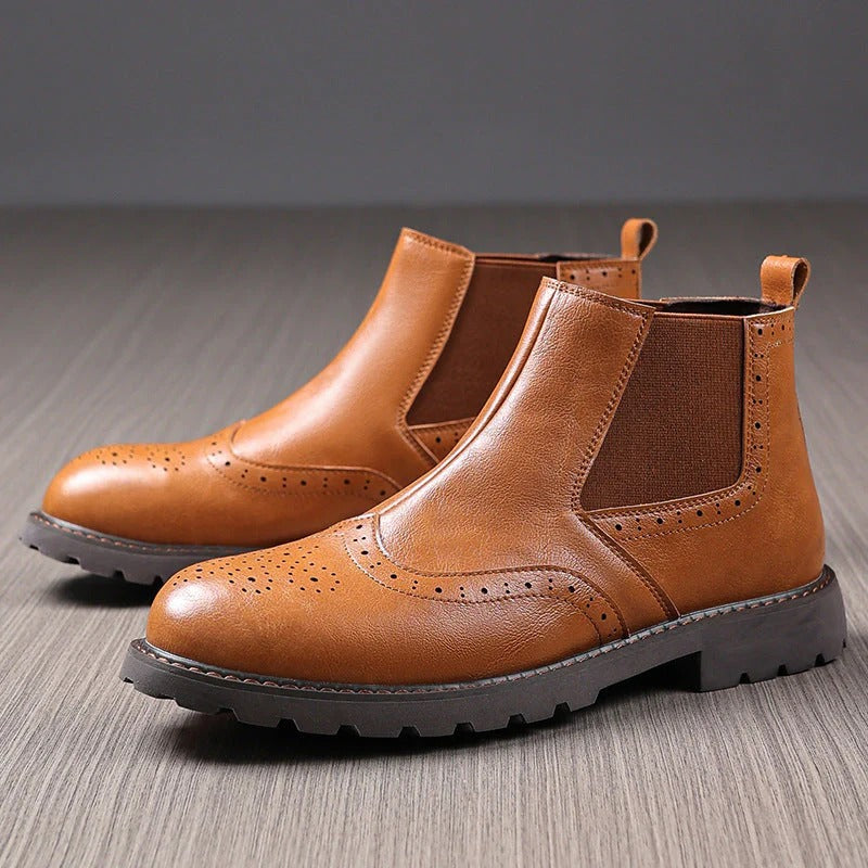 Mens Chelsea Ankle Boots PU Leather Brogue Style