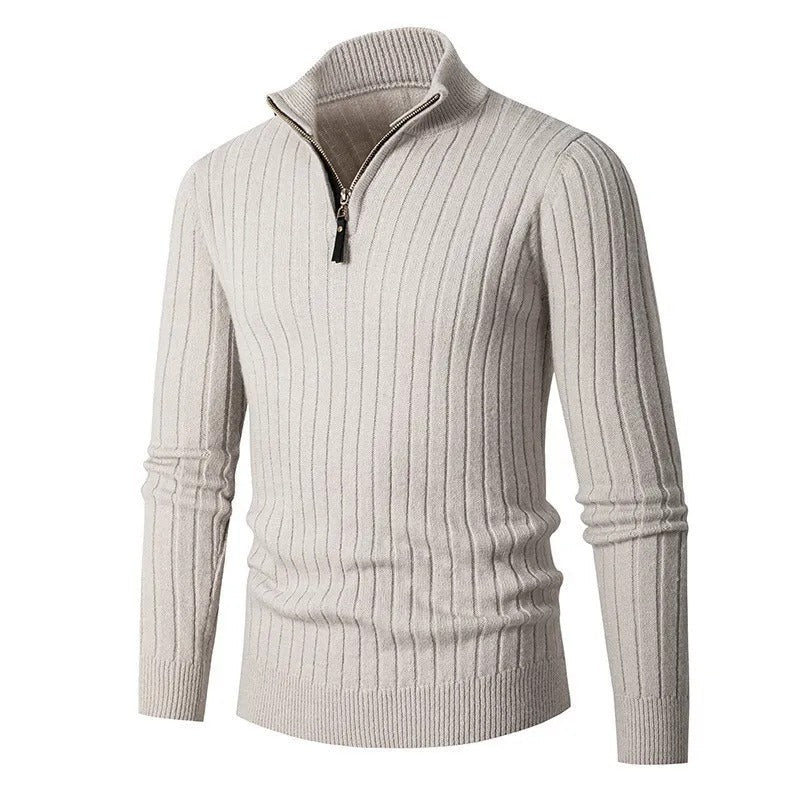 Mens Ribbed Sweater Quarter Zip Stand Collar