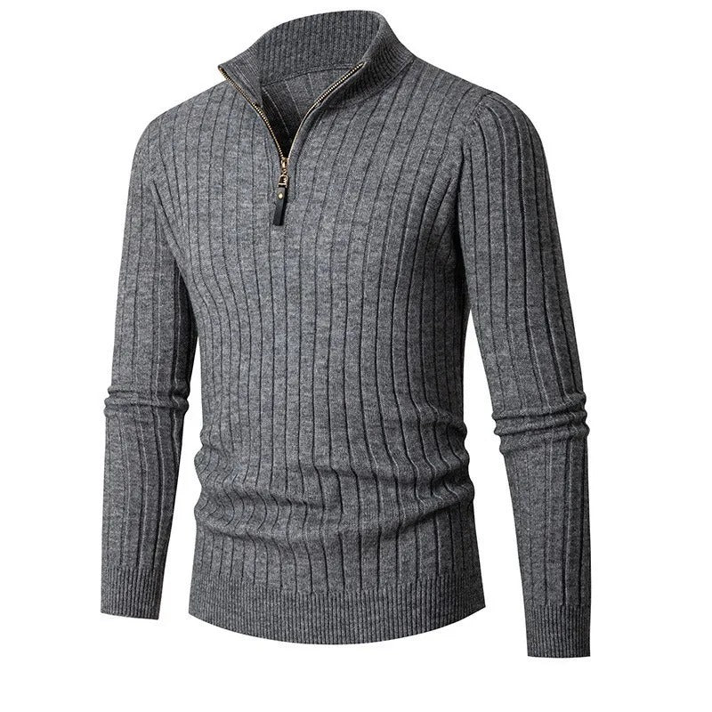 Mens Ribbed Sweater Quarter Zip Stand Collar