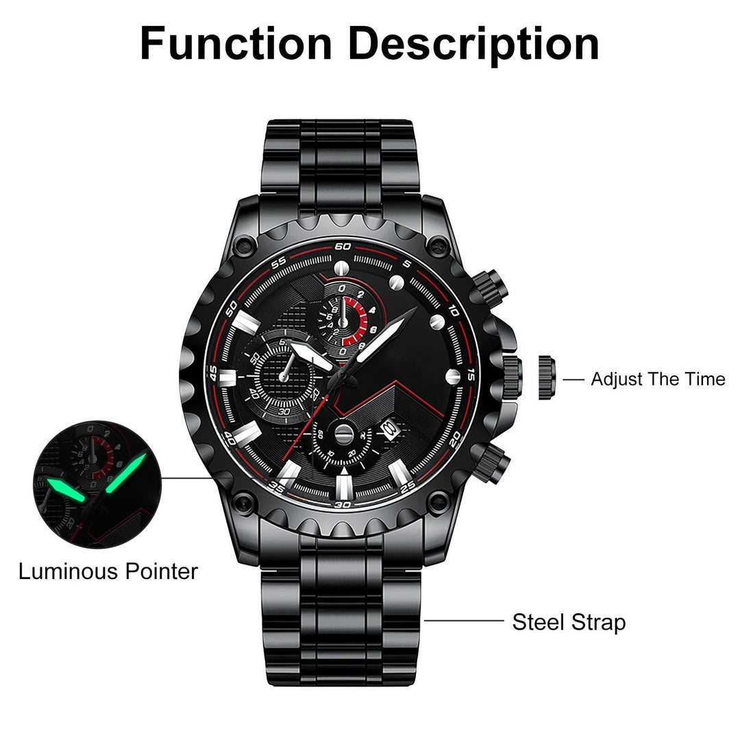 Mens Stainless Steel Chronograph Watch Waterproof Sport Style