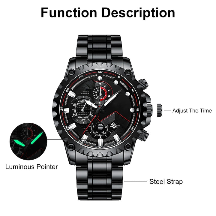 Mens Stainless Steel Chronograph Watch Waterproof Sport Style