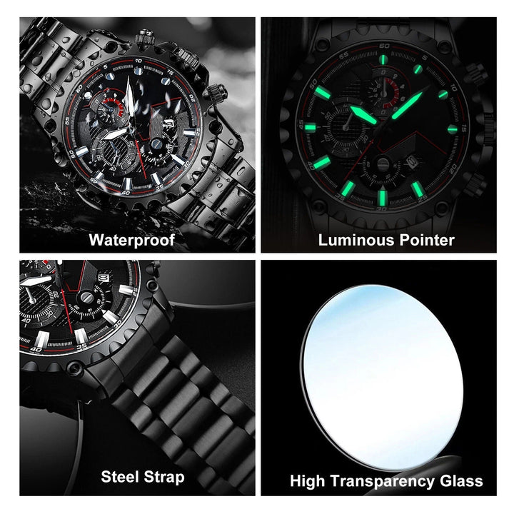 Mens Stainless Steel Chronograph Watch Waterproof Sport Style