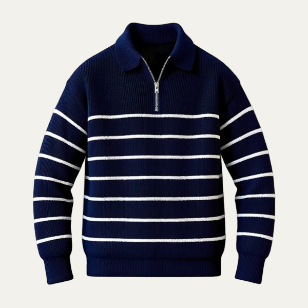 Mens Polo Knit Sweater Quarter Zip Striped