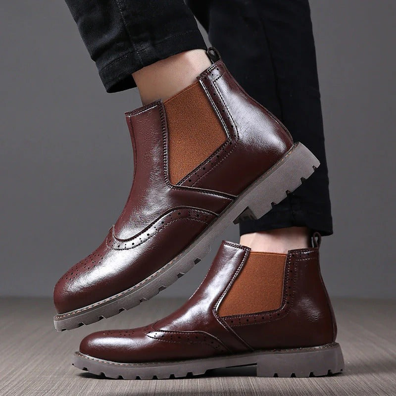 Mens Chelsea Ankle Boots PU Leather Brogue Style - BritishMode