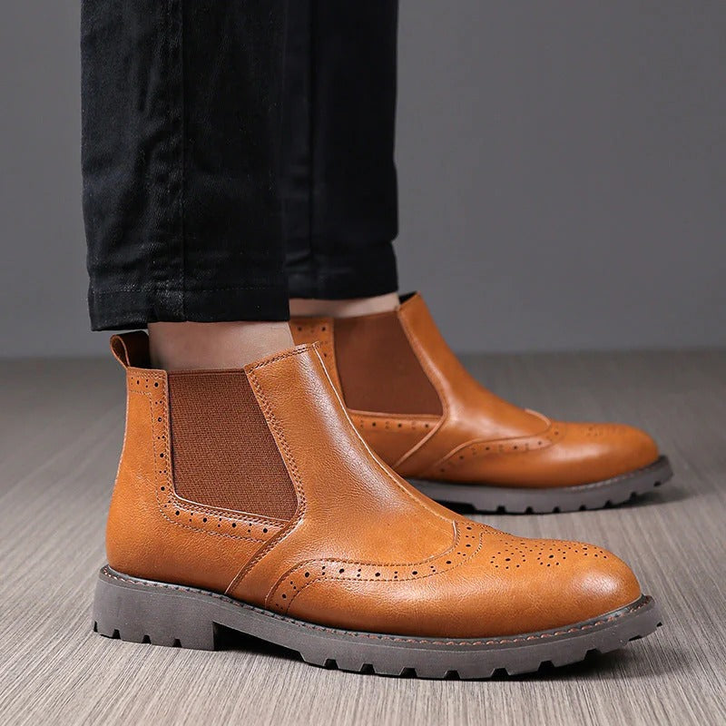 Mens Chelsea Ankle Boots PU Leather Brogue Style