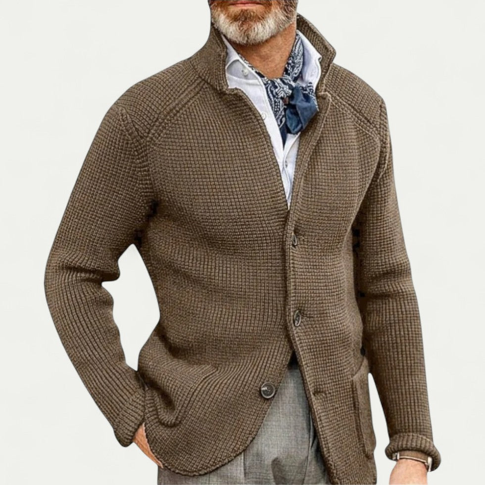 Mens Knit Blazer Cardigan Textured Stand Collar