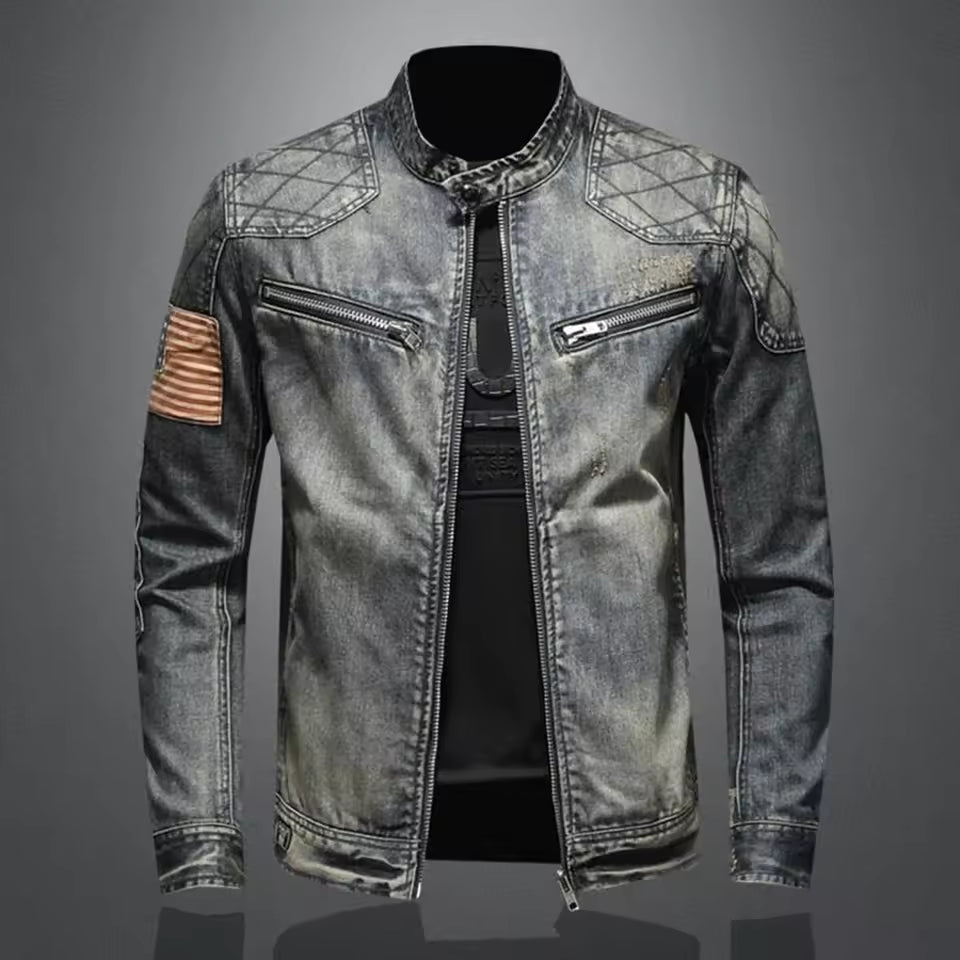 Mens Denim Jacket Slim Fit Zip Collar - BritishMode