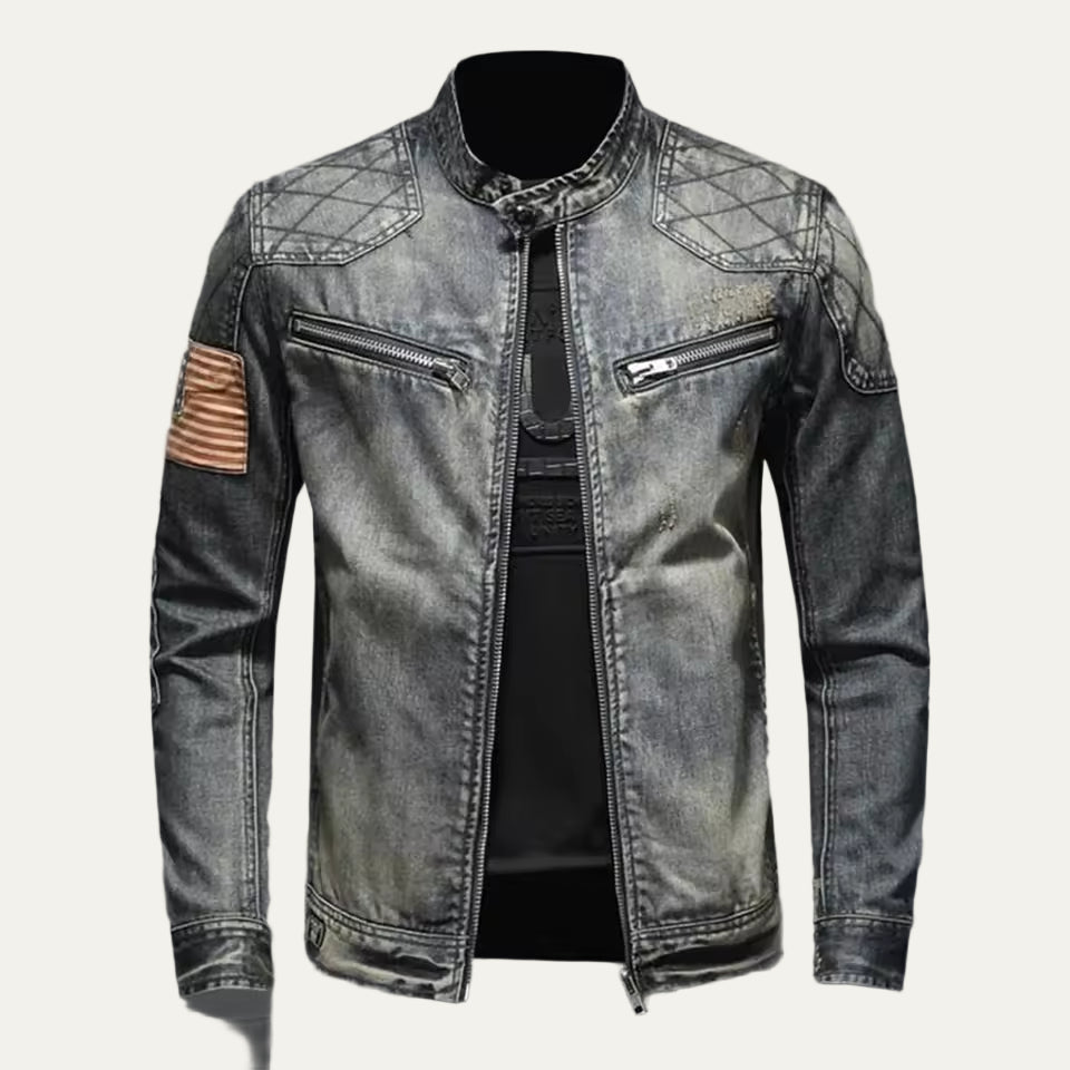 Mens Biker Jacket Quilted Shoulders Stand Collar - BritishMode