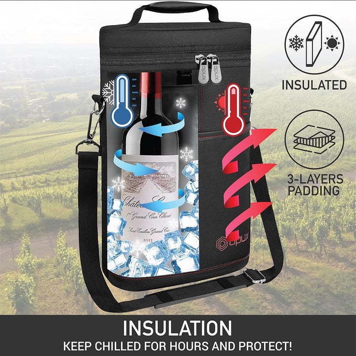 Insulated Wine Cooler Tote Bag Adjustable Strap for Two Bottles