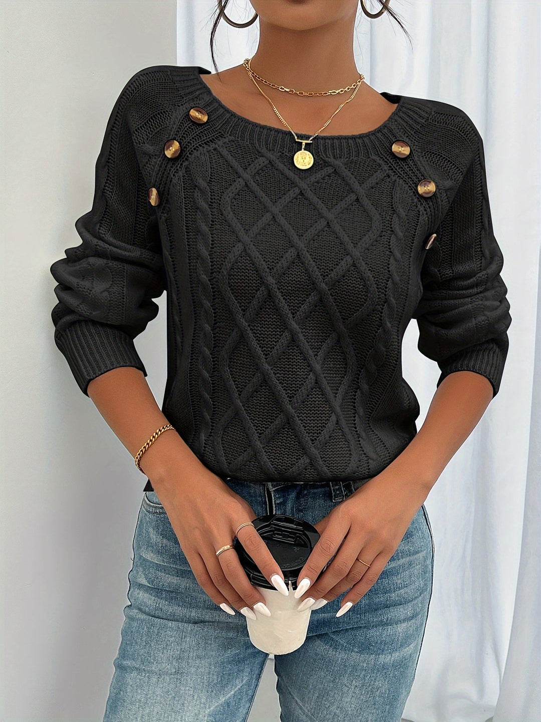 Womens Cable Knit Sweater Soft Pullover with Button Detail - BritishMode