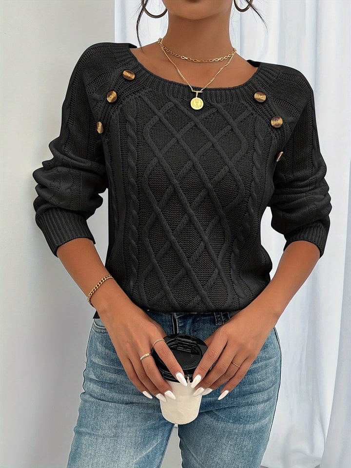 Womens Cable Knit Sweater Soft Pullover with Button Detail - BritishMode