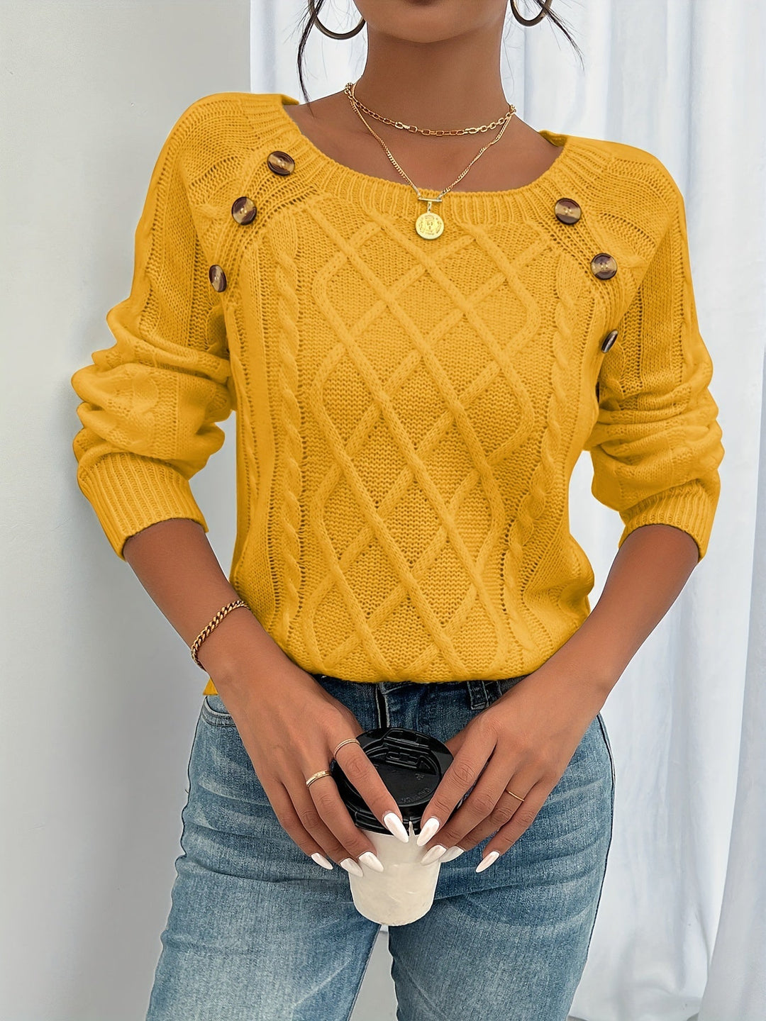Womens Cable Knit Sweater Soft Pullover with Button Detail