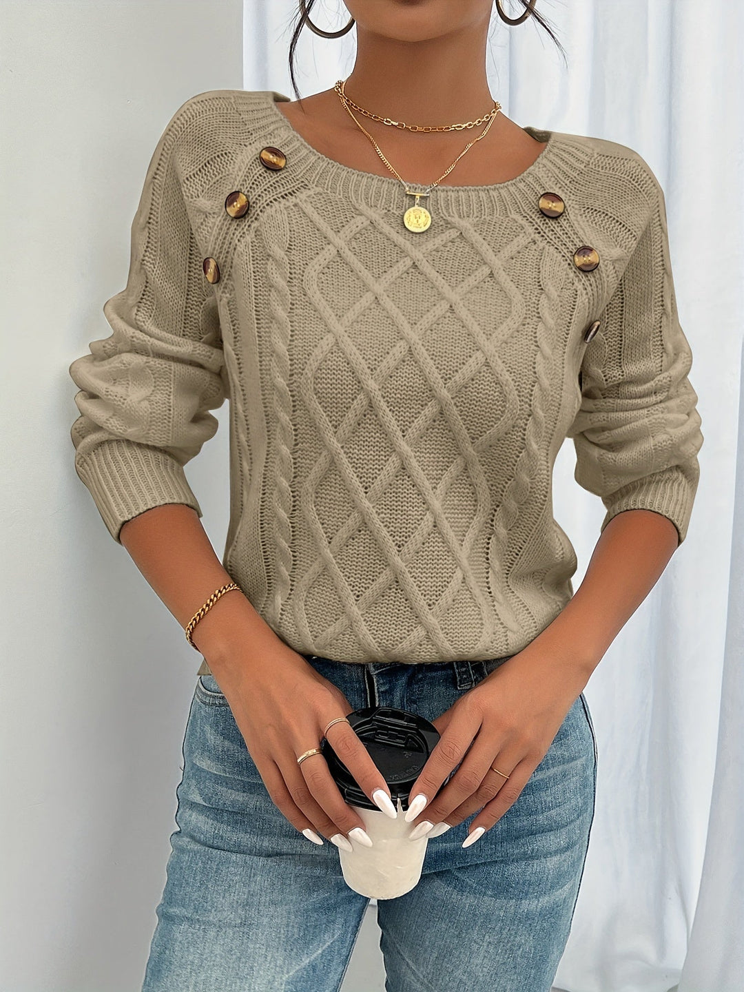 Womens Cable Knit Sweater Soft Pullover with Button Detail