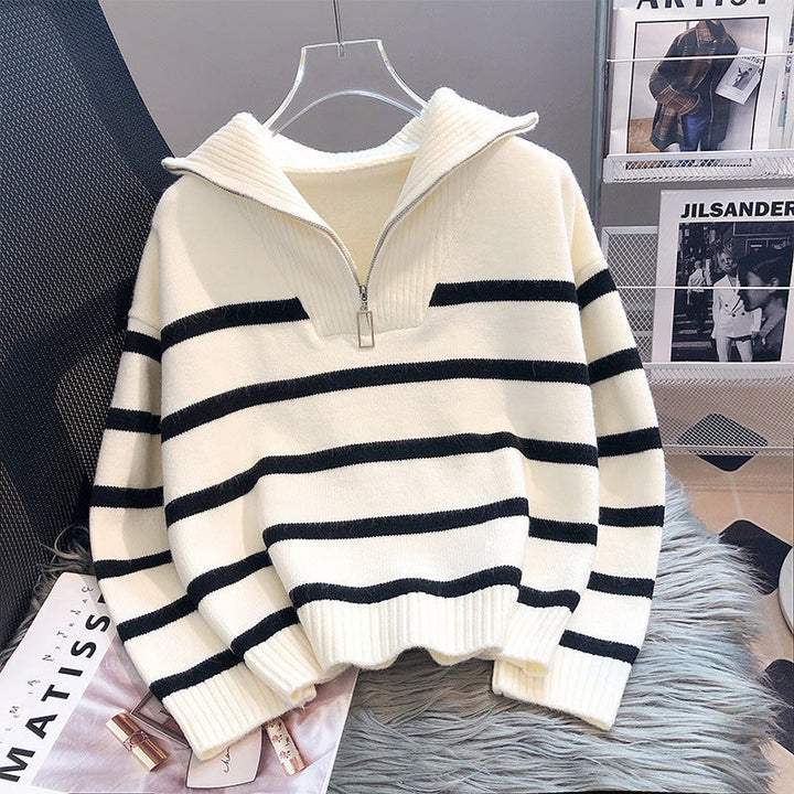 Womens Knit Half-Zip Sweater with Collar Relaxed Fit - BritishMode