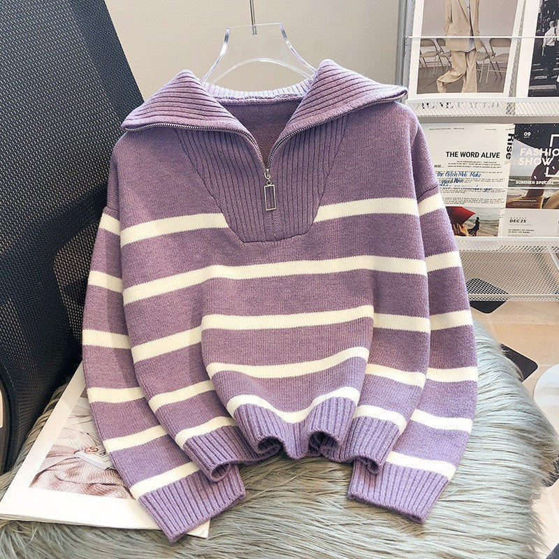 Womens Knit Half-Zip Sweater with Collar Relaxed Fit