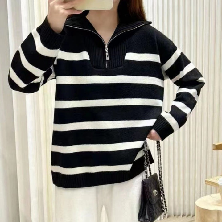 Womens Knit Half-Zip Sweater with Collar Relaxed Fit
