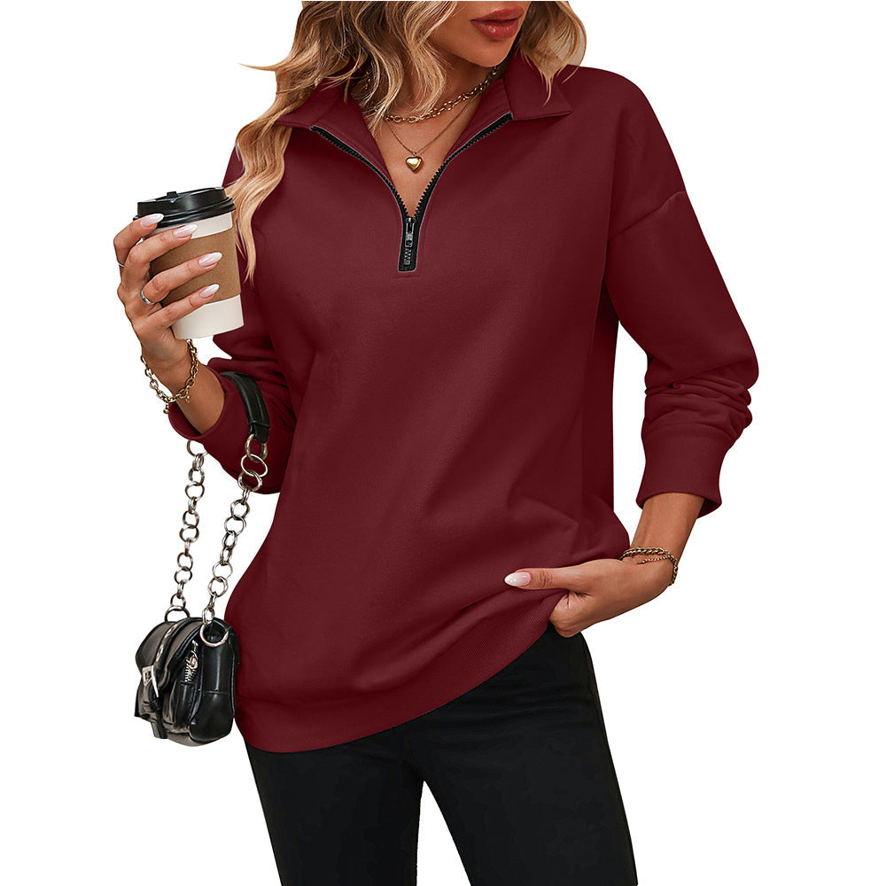 Womens Casual Zip Sweatshirt with Collared Neck Long Sleeve