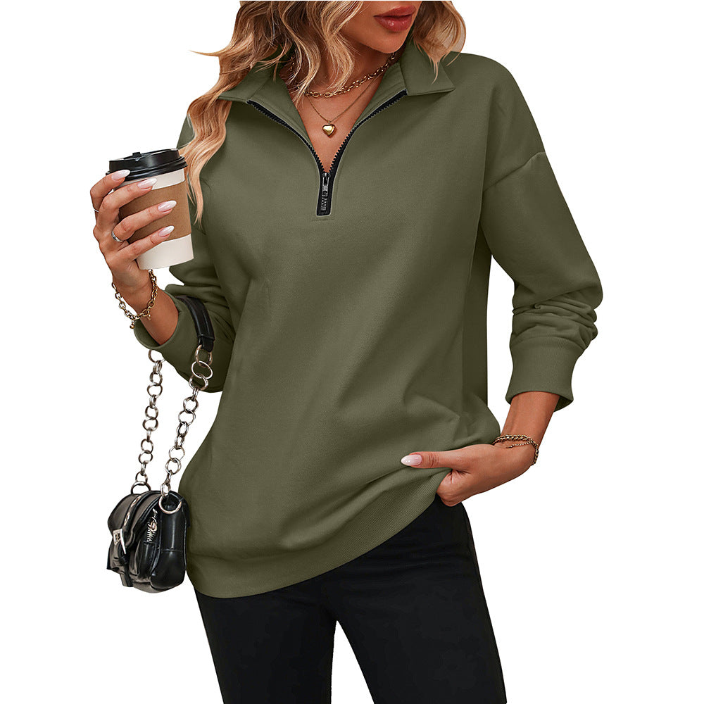 Womens Casual Zip Sweatshirt with Collared Neck Long Sleeve
