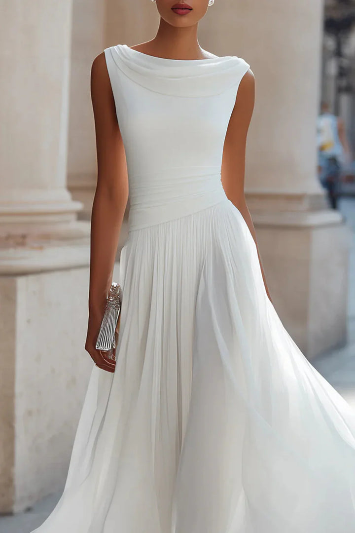 Womens Midi Dress Pleated Draped Neckline