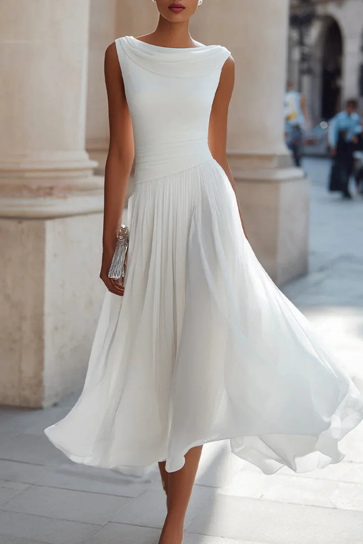Womens Midi Dress Pleated Draped Neckline