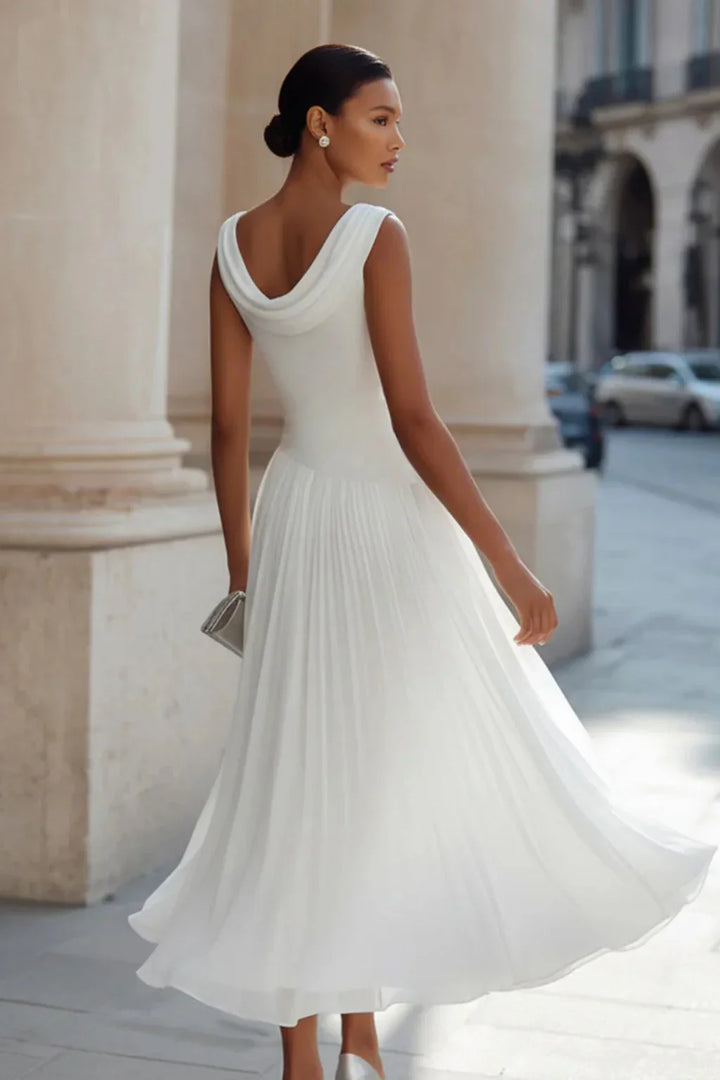 Womens Midi Dress Pleated Draped Neckline