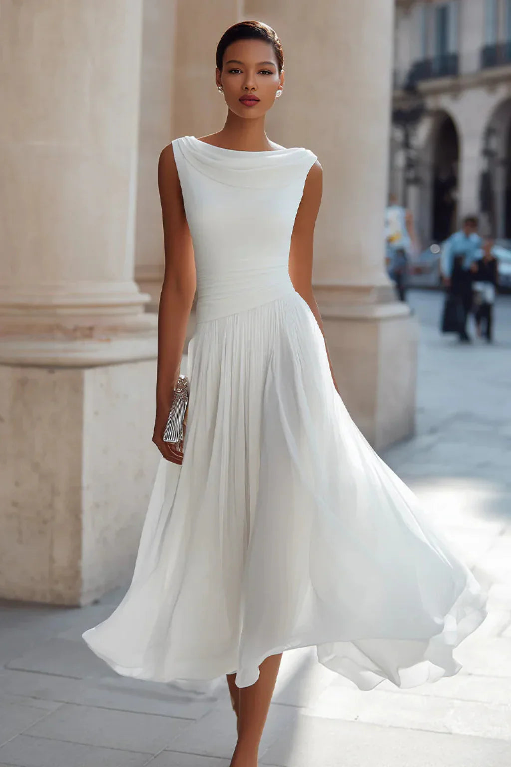 Womens Midi Dress Pleated Draped Neckline