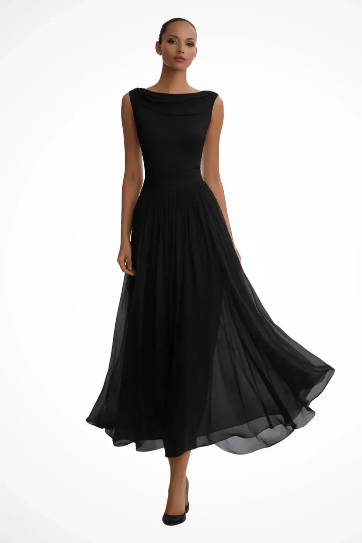Womens Midi Dress Pleated Draped Neckline
