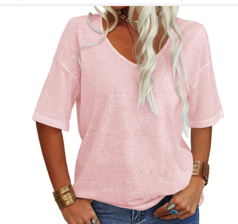 Womens Oversized T-Shirt Cotton Linen V-Neck Short Sleeve