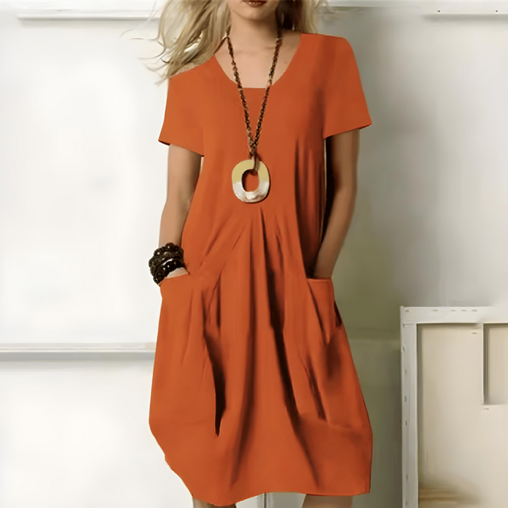 Womens V-Neck Midi Dress with Pockets Casual Short Sleeve