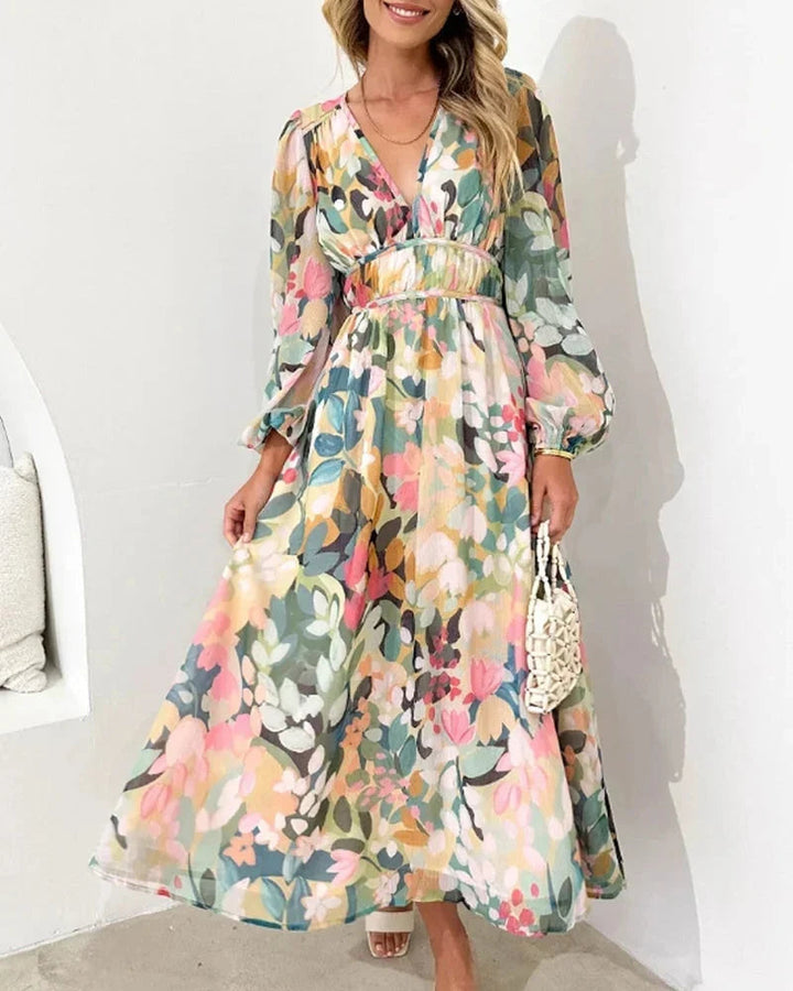 Womens Maxi Dress V-Neck Floral Long Sleeve - BritishMode