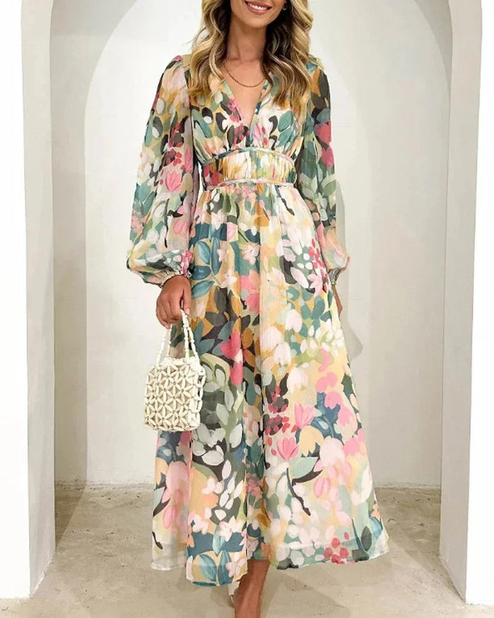 Womens Maxi Dress V-Neck Floral Long Sleeve