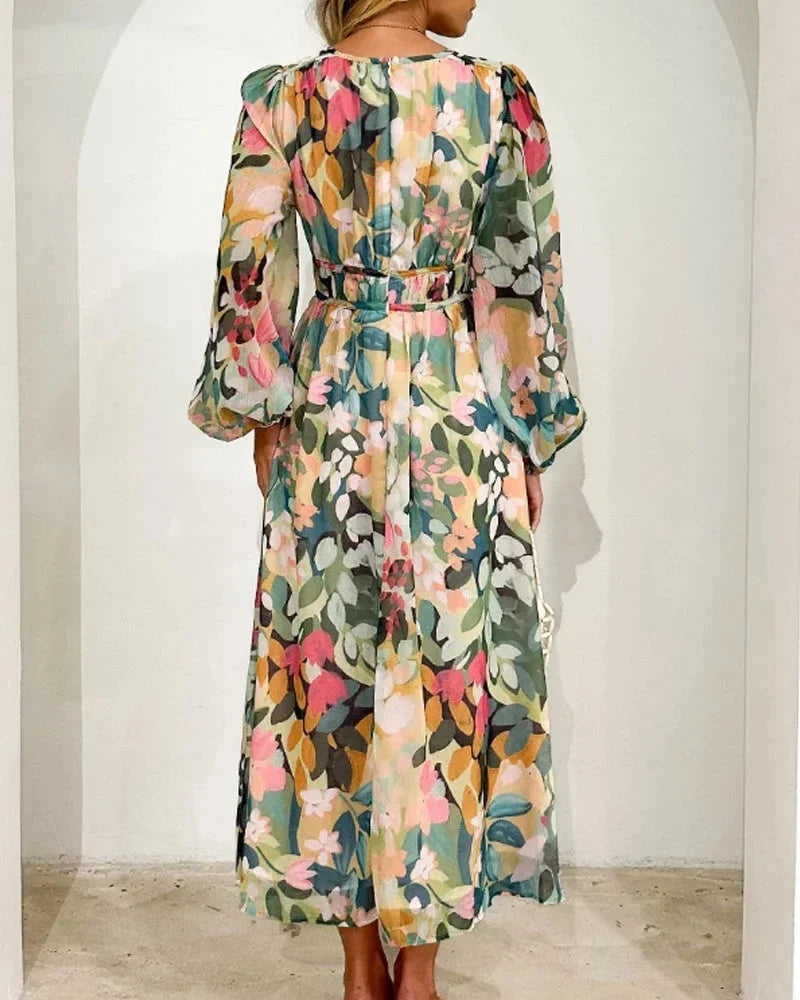 Womens Maxi Dress V-Neck Floral Long Sleeve