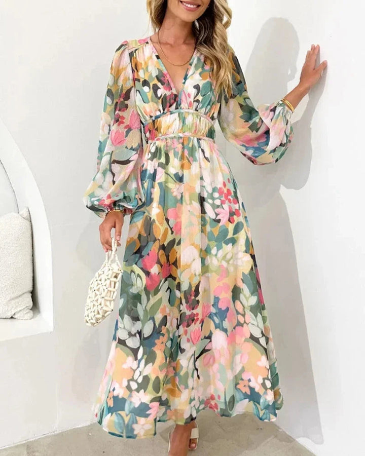 Womens Maxi Dress V-Neck Floral Long Sleeve