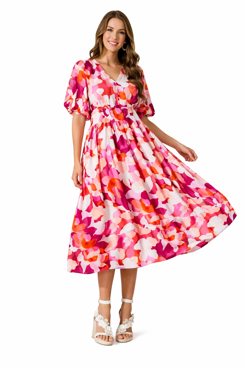 Womens Maxi Dress V-Neck Floral Long Sleeve