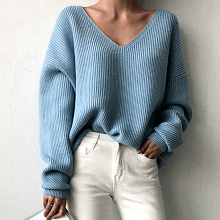 Womens V-Neck Knit Sweater Cozy Fit - BritishMode